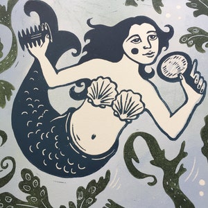 Wild Swimmer, impresión linocut de edición limitada, sirena, folklore imagen 8