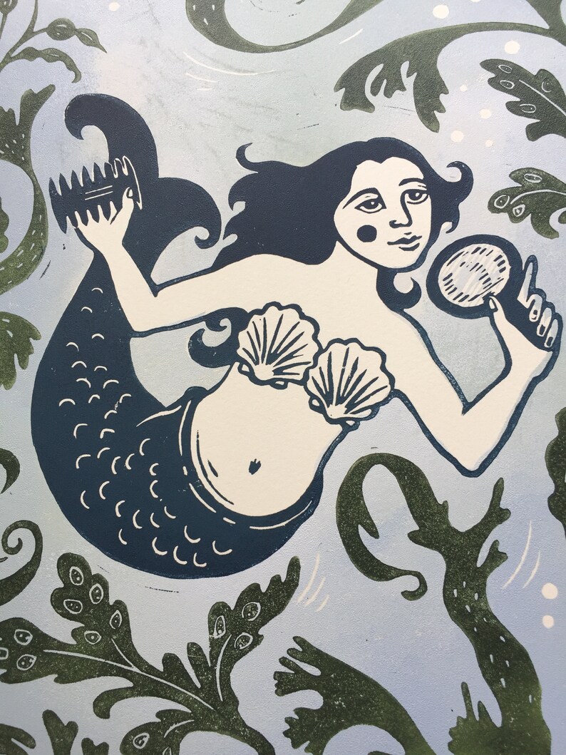 Wild Swimmer, impresión linocut de edición limitada, sirena, folklore imagen 8