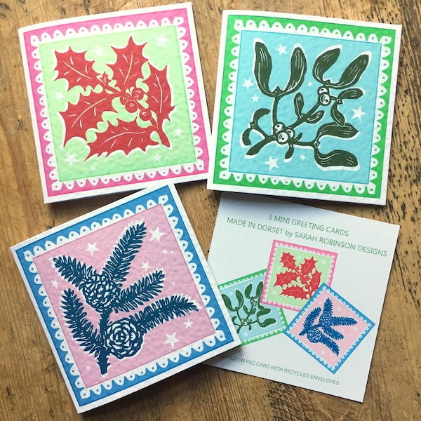 Colourful Mini Linocut Christmas Cards : Holly, Mistletoe and Fir designs
