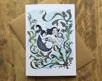 Wild Swimmer. A5 greeting card. Mermaid design. Packs or single greeting cards.