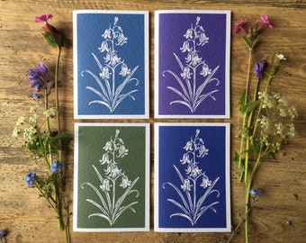 Pack of 4 Bluebell greeting cards from a linocut. 4 different colours. Wildflowers. FREE UK POSTAGE