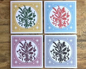 Ramitas navideñas: paquete de 4, diseño linograbado (12 x 12 cm)