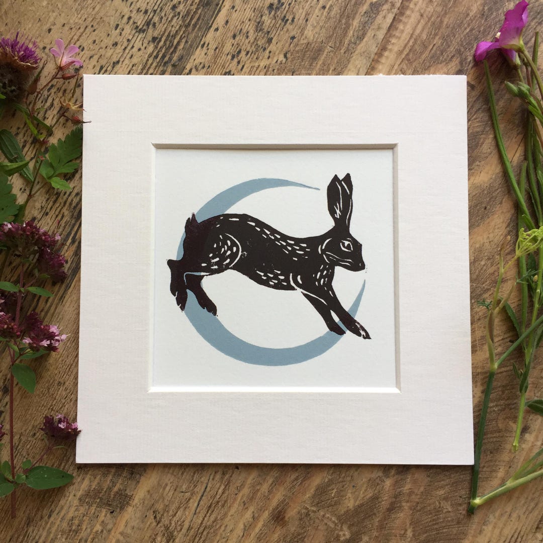 Hare and Crescent Moon Linocut Print: Myth & Folklore Art - Etsy UK
