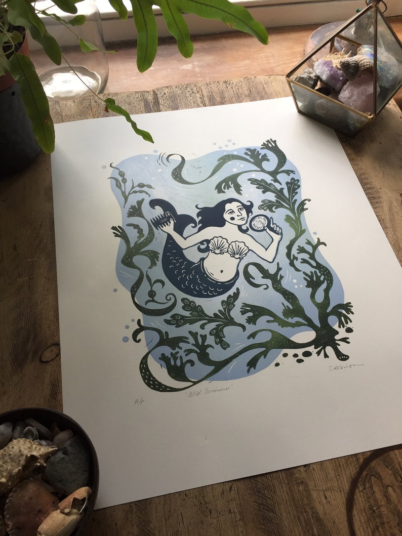 Wild Swimmer, impresión linocut de edición limitada, sirena, folklore imagen 9