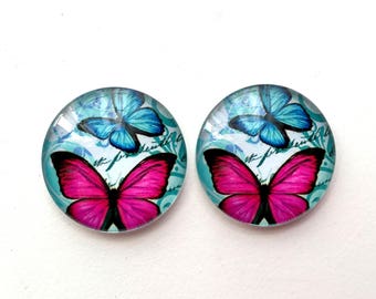 Cabochons • butterflies • blue and pink set of 2 glass cabochons 25mm