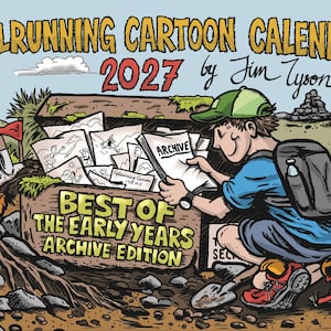 Könnte beinhalten: Der Fellrunning Cartoon Kalender 2027 von Jim Tyson zeigt eine Illustration einer Person mit Rucksack, die neben einer Holzkiste kniet, welche mit Papieren gefüllt ist, die als Archive und Best of the Early Years Archive Edition beschriftet sind.