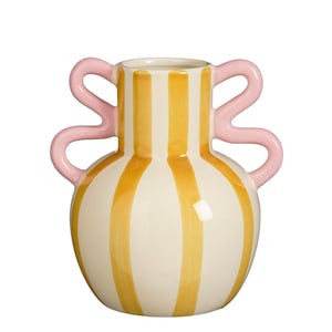 May include: A ceramic vase featuring a rounded body and a cylindrical neck with vertical yellow stripes on a cream background. The vase includes two symmetrical, wavy pink handles that extend from the neck down to the widest part of the body.