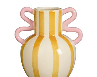 Ceramic Yellow Stripe Vase with Pink Loop Handles