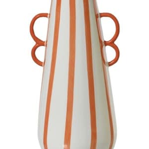 May include: A tall, tapered ceramic vase featuring a white base with vertical orange stripes. The vessel has a narrow neck and two symmetrical, rounded orange handles attached to the upper sides, extending outwards from the main body of the vase.