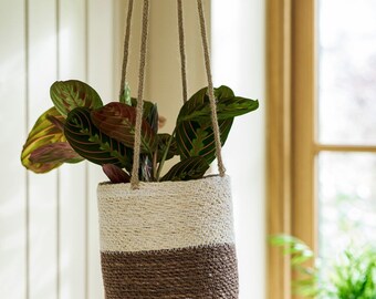 Woven Hanging Plant Pot – Half Stripe in Antique Brown