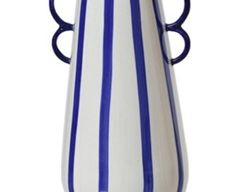 Ceramic Stripe Vase with Loop Handles – Blue