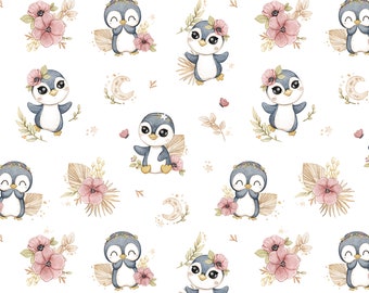 White penguin boho cut fabrics (cotton by the meter)