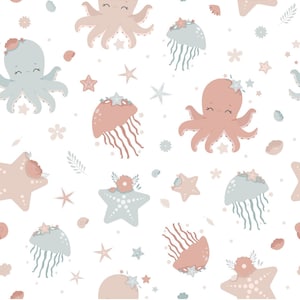 Woven fabrics with octopus cut white background (cotton by the meter) A03
