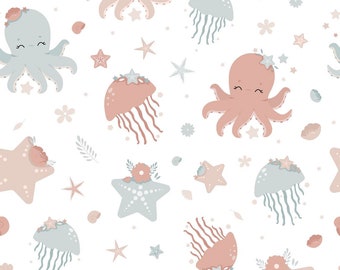 Woven fabrics with octopus cut white background (cotton by the meter) A03