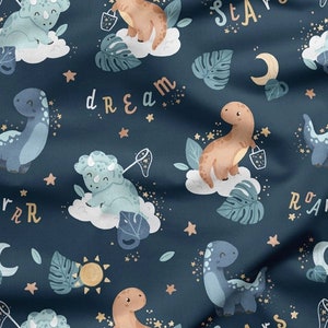 Dino dream cut fabrics blue background (cotton by the meter)