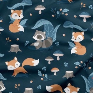 Cut fabrics under the leaf fox and blue raccoon (cotton by the meter)