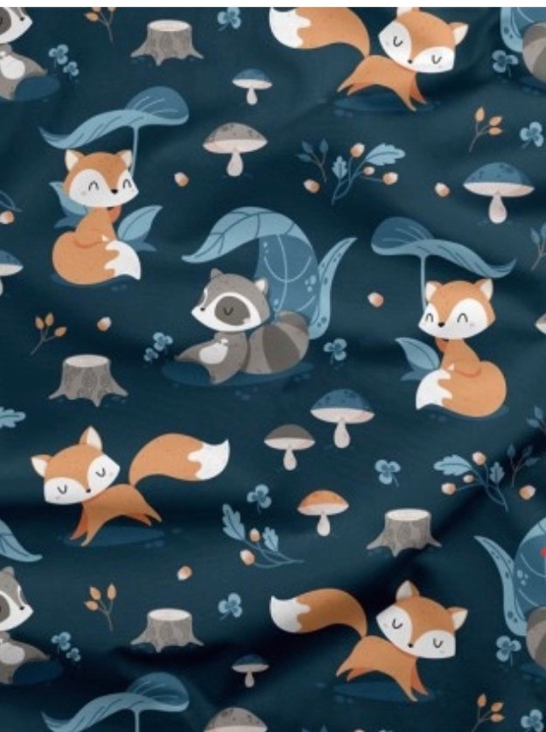 Cut fabrics under the leaf fox and blue raccoon cotton by the meter image 1