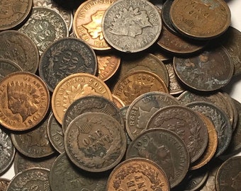 May include: A collection of vintage copper US one-cent coins, also known as pennies, with various dates ranging from the late 1800s to early 1900s. The coins are in various states of wear and patina, showing signs of age and use.