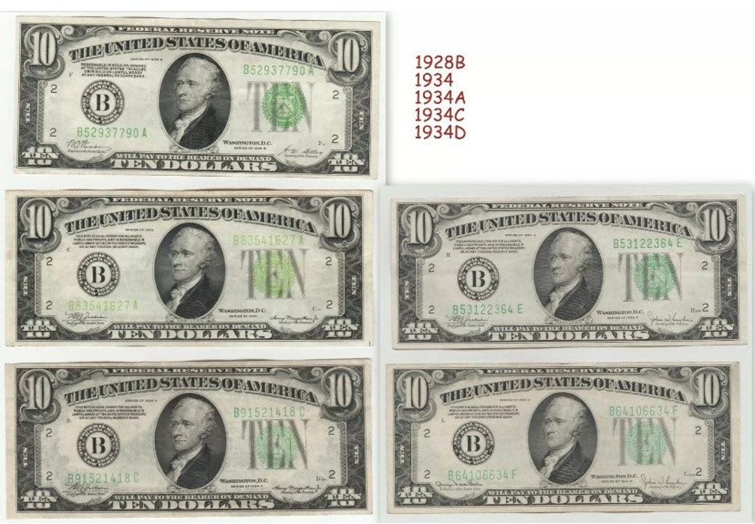1934 Series A 10 Dollar Bill 1934 10 Dollar Federal Reserve Note Frn United States Green Seal Series