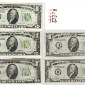 May include: Six $10 US currency bills from the 1930s. The bills feature a portrait of George Washington and the text "THE UNITED STATES OF AMERICA".