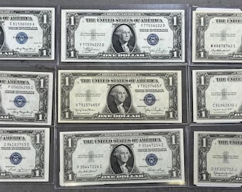 Complete Set of 9 Series 1935  1-Dollar UNCIRCULATED Silver Certificates plain and A through H Free Shipping CU
