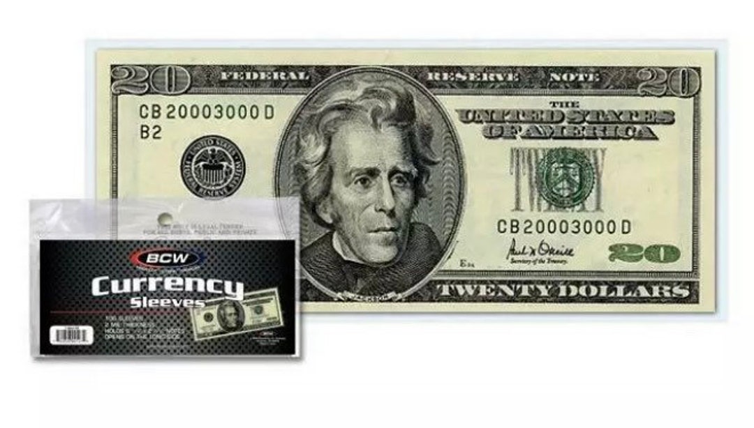 Packs of 100 Plastic Currency Sleeves for Regular Sized US Bills fits
