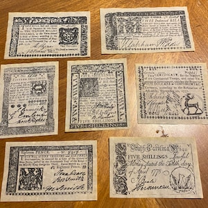 Set of 7 Different Replica 1700s Colonial Banknotes FREE SHIPPING Lot A