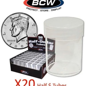 May include: A pack of 20 clear plastic tubes for storing half dollar coins. The tubes are in a black box with the BCW logo and the text "98 Tubes Half-Dollar Tubes".