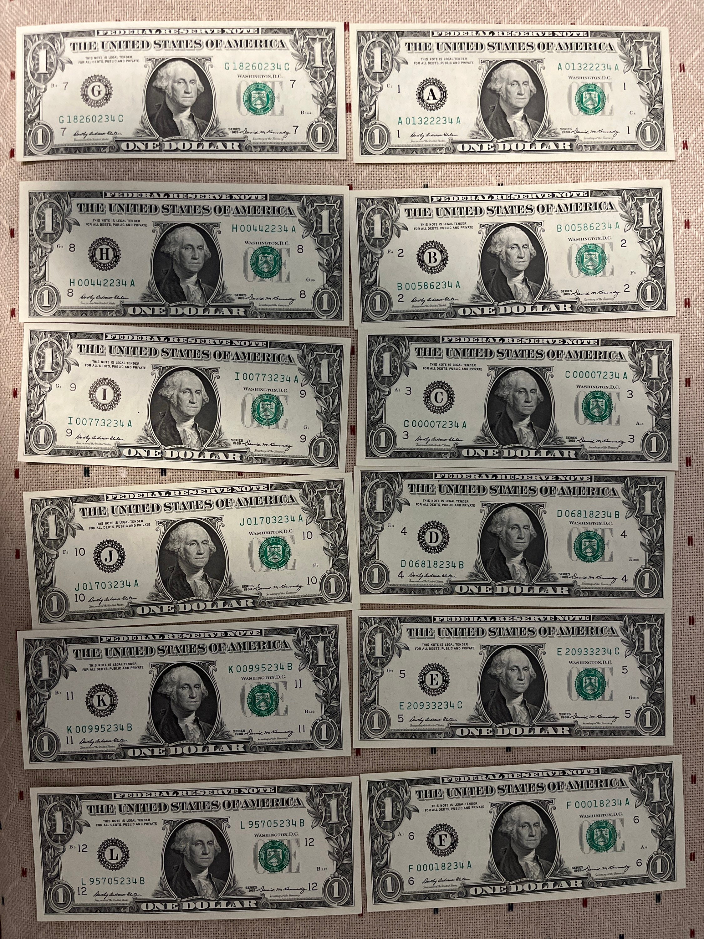 1969 One Dollar Bill Federal Note District Set A-l All 12