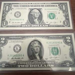 2 Uncirculated US One & Two Dollar Bills with Identical Serial Numbers FREE SHIPPING