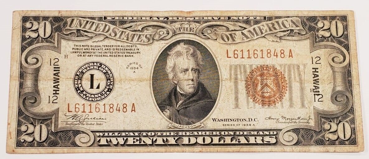 Fr. 2305 1934A Hawaii Overprint Brown Seal Twenty Dollar