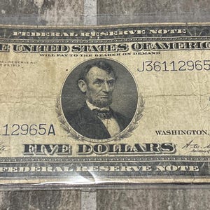 1914 Five Dollar Federal Reserve Note Large Bill Blue Seal RARE Free Shipping 5