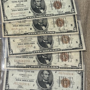 1929 5-Dollar Federal Reserve Bank Note FREE SHIPPING Brown Seal five NBN National Currency choose the city