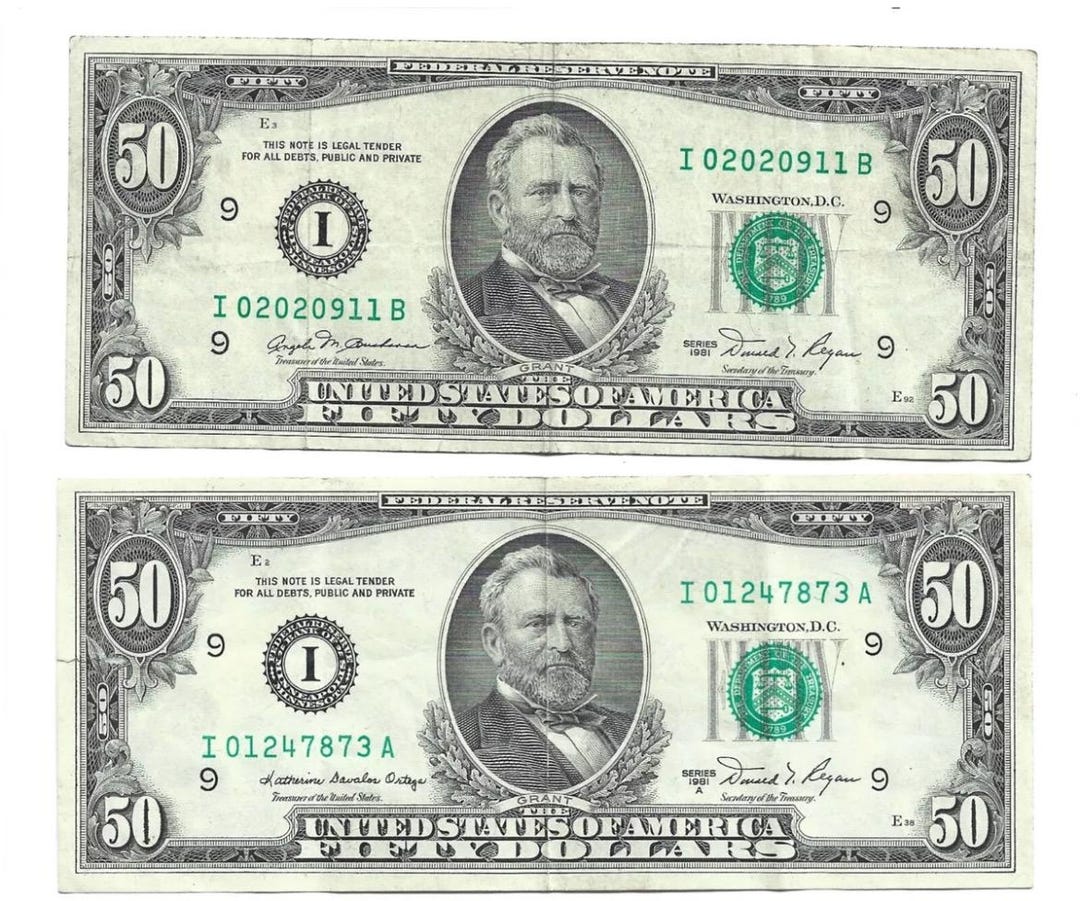 1974 1977 1981 1985 1988 1990 1993 50-dollar Federal Reserve Note Frn ...