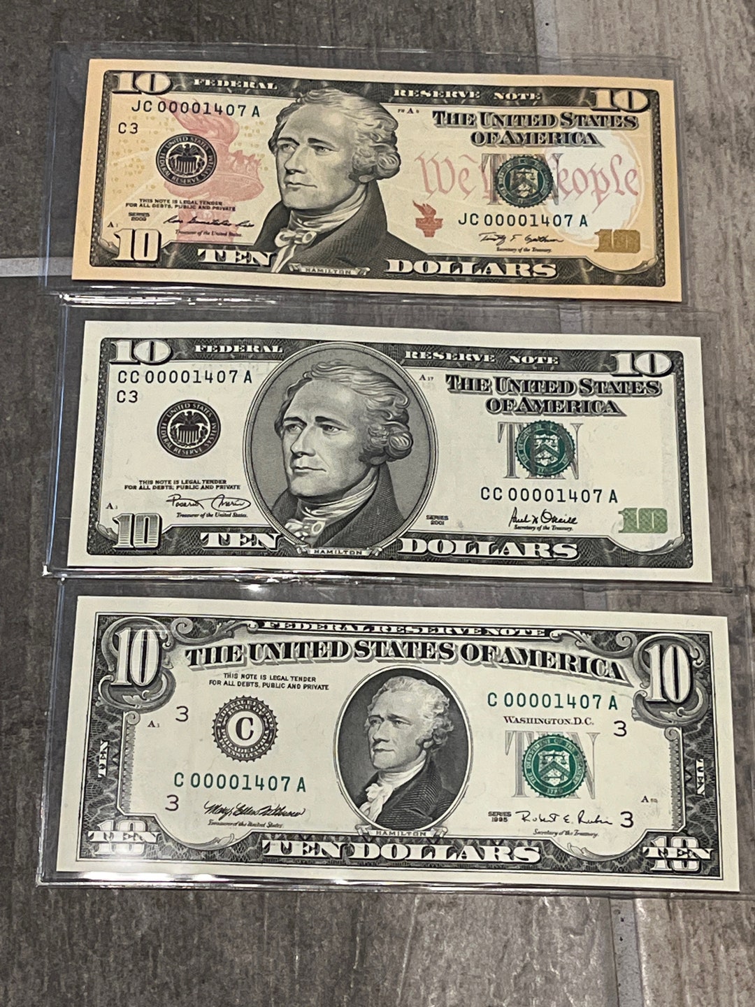 3 US 10-dollar Bills With Identical Matching Super Low Serial Numbers FREE  SHIPPING Ten 1995 - Etsy