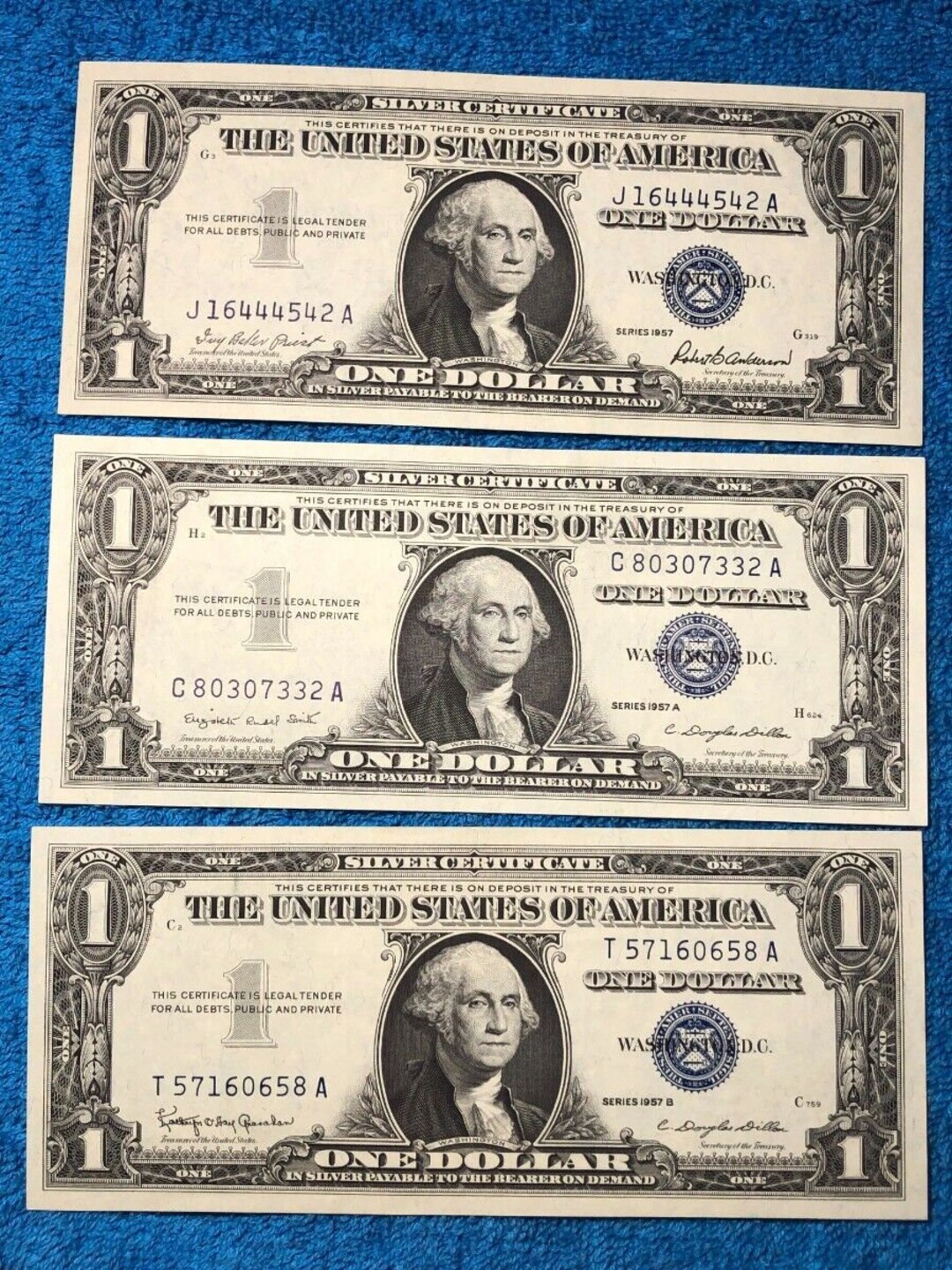 Set of 3 Uncirculated Series 1957, 1957A & 1957B 1-dollar Silver ...