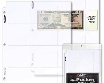 4-Pocket Currency Pages | Pocket Size 2-3/4” x 6-3/4” | Pack of 20 Pages FREE SHIPPING