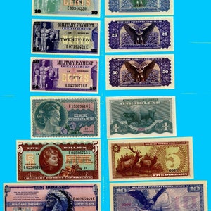 May include: A collection of vintage military payment certificates in various denominations, including 5 cents, 10 cents, 25 cents, 50 cents, one dollar, five dollars, ten dollars, and twenty dollars. The certificates feature different designs, including eagles, deer, and Native American figures. The certificates are in good condition and have a faded, vintage look.