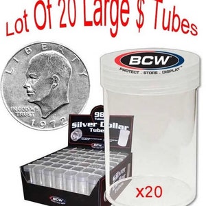 20 Large Silver Ike Dollar Round Coin Storage Roll Tubes Clear Screw Caps BCW Lot Free Shipping