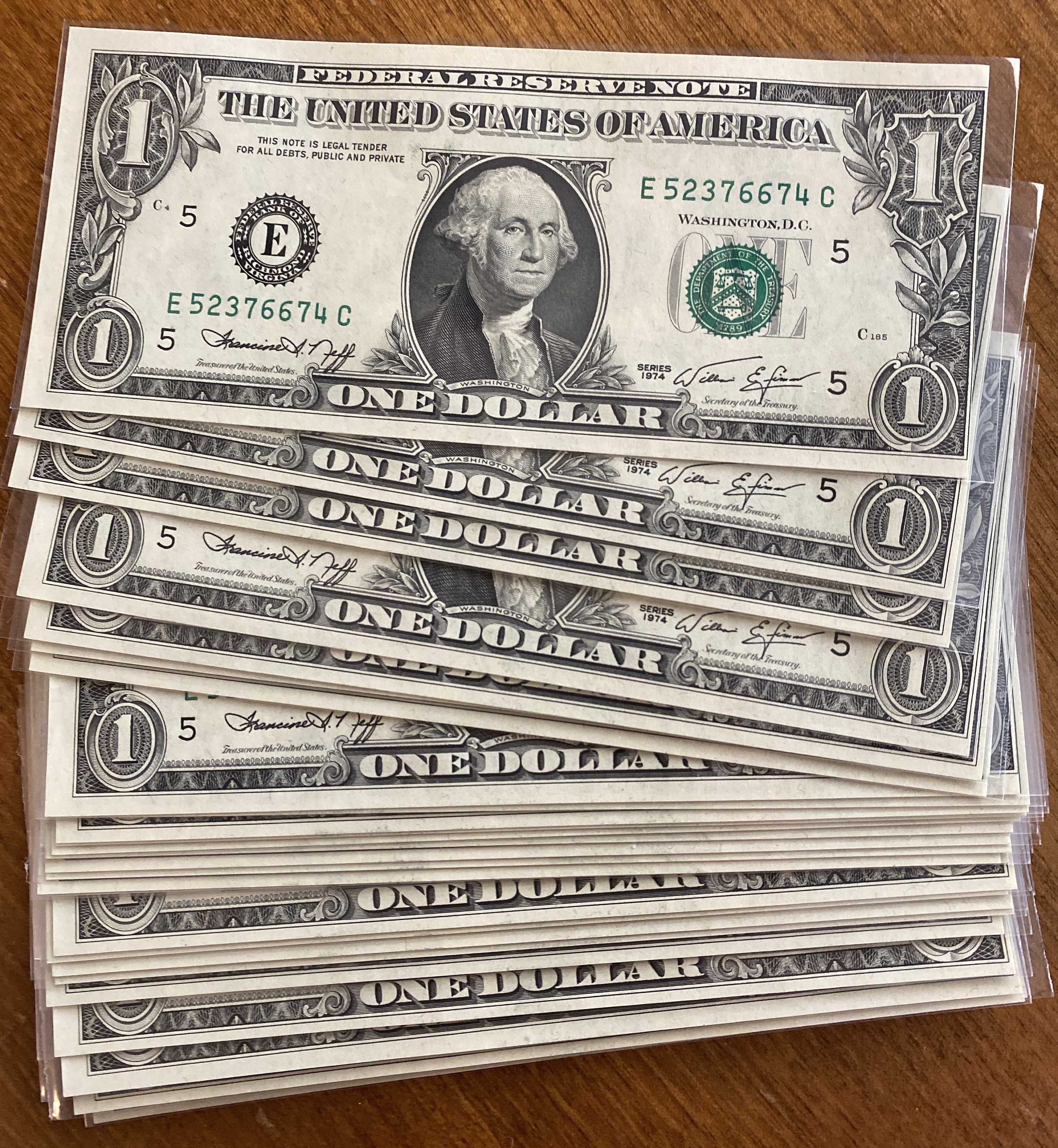 1974 One Dollar Bill Uncirculated Federal Reserve Note Consecutive