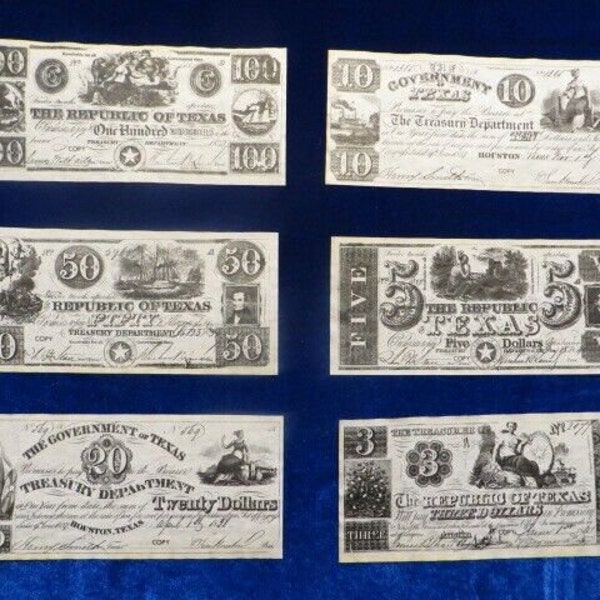 Collection of Replica Antique Republic of Texas Currency Educational Paper Money FREE SHIPPING 1838-1841