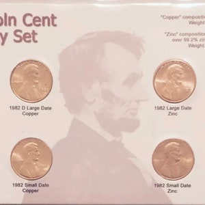 1982 Lincoln Cent - 7 Variety Set - In Display Case - Small Date & Large Date FREE SHIPPING copper zinc