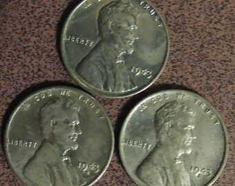 Complete Set 1943 WWII Steel Wheat Cents Pennies / All 3 Mints (P,D,S) FREE SHIPPING