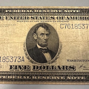 1914 Five Dollar Federal Reserve Note Large Bill Blue Seal RARE Free Shipping 5