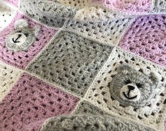 Copertina neonato con orsetti rosa in lana fatta a mano * coperta Teddy Bear uncinetto in lana alpaca * coperta culla passeggino