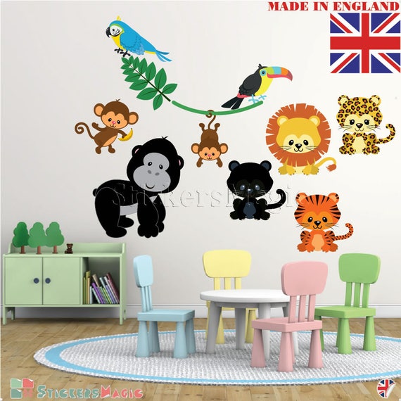 jungle animals nursery stickersrepositionable fabric wall | etsy