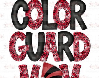 Red and Black cheetah tie dye Color Guard Mom Doodle with flag | Hand drawn | PNG | Sublimation | Digital Download |
