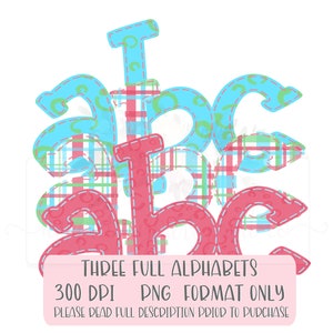 Aqua & Pink Lowercase Font | Alpha Pack |  Hand drawn | Printable | PNG | Sublimation | Digital Download| Faux Applique | Doodle | Plaid