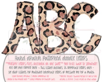 Leopard patterned doodle uppercase alphabet set | Hand drawn | Printable | PNG | Sublimation | Inkjet Printable | Digital Design |