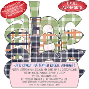 Orange Navy and Green plaid and gingham alpha set| doodle letters | png |hand drawn |sublimation | digital design download